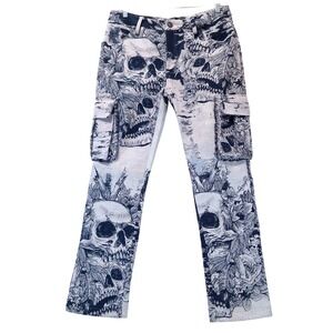 Rebel Vengeance Tapestry Skull Cargo Pants Mens 32x31 Fringe Cream Goth Y2K